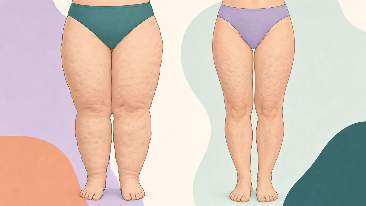 Side-by-side illustration comparing lipedema and cellulite leg texture