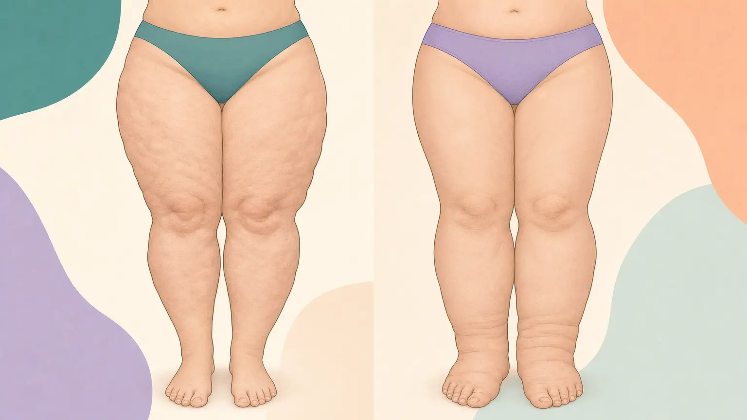 Side-by-side illustration comparing lipedema and lymphedema legs and feet
