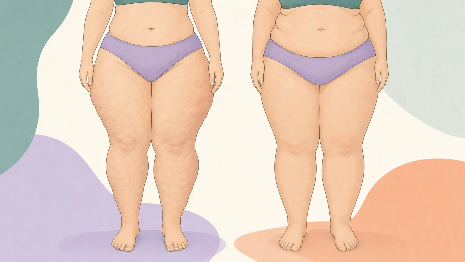 Side-by-side illustration comparing lipedema and ordinary weight gain distribution
